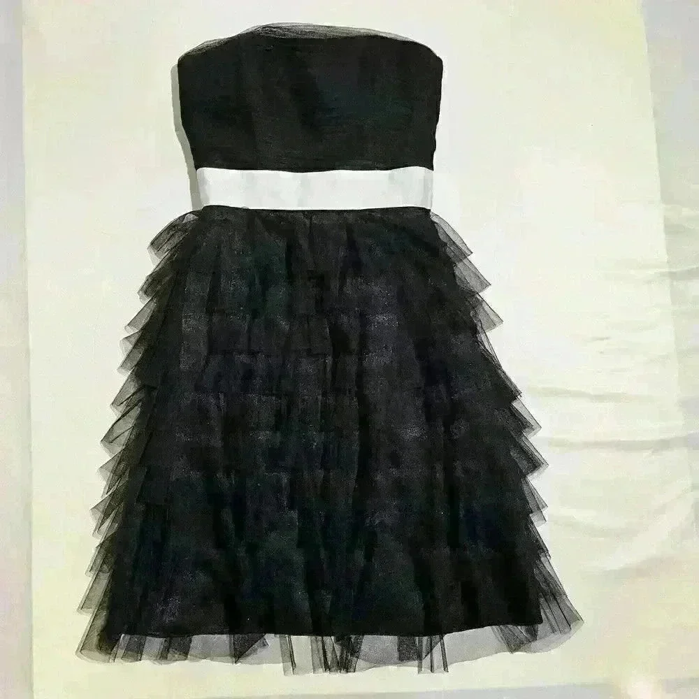 Vintage Betsey Johnson Black Strapless Corset Dress Tulle Ruffle Mesh Bow Size 0